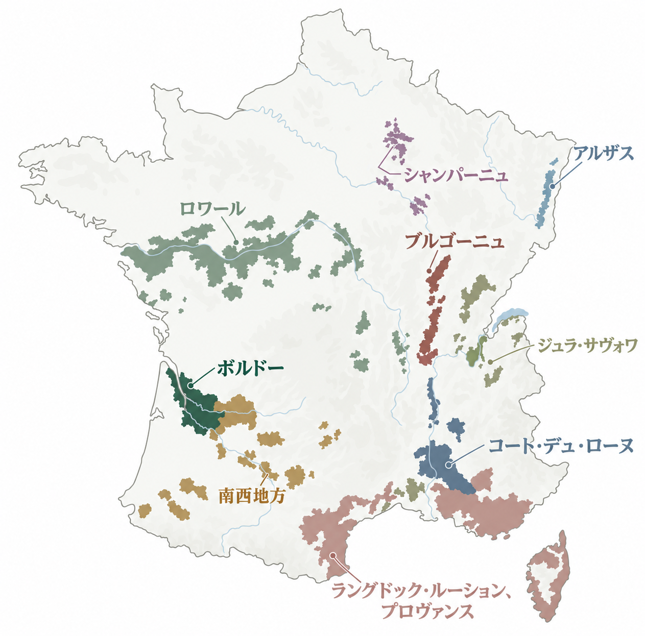 フランスの主なワイン産地マップ